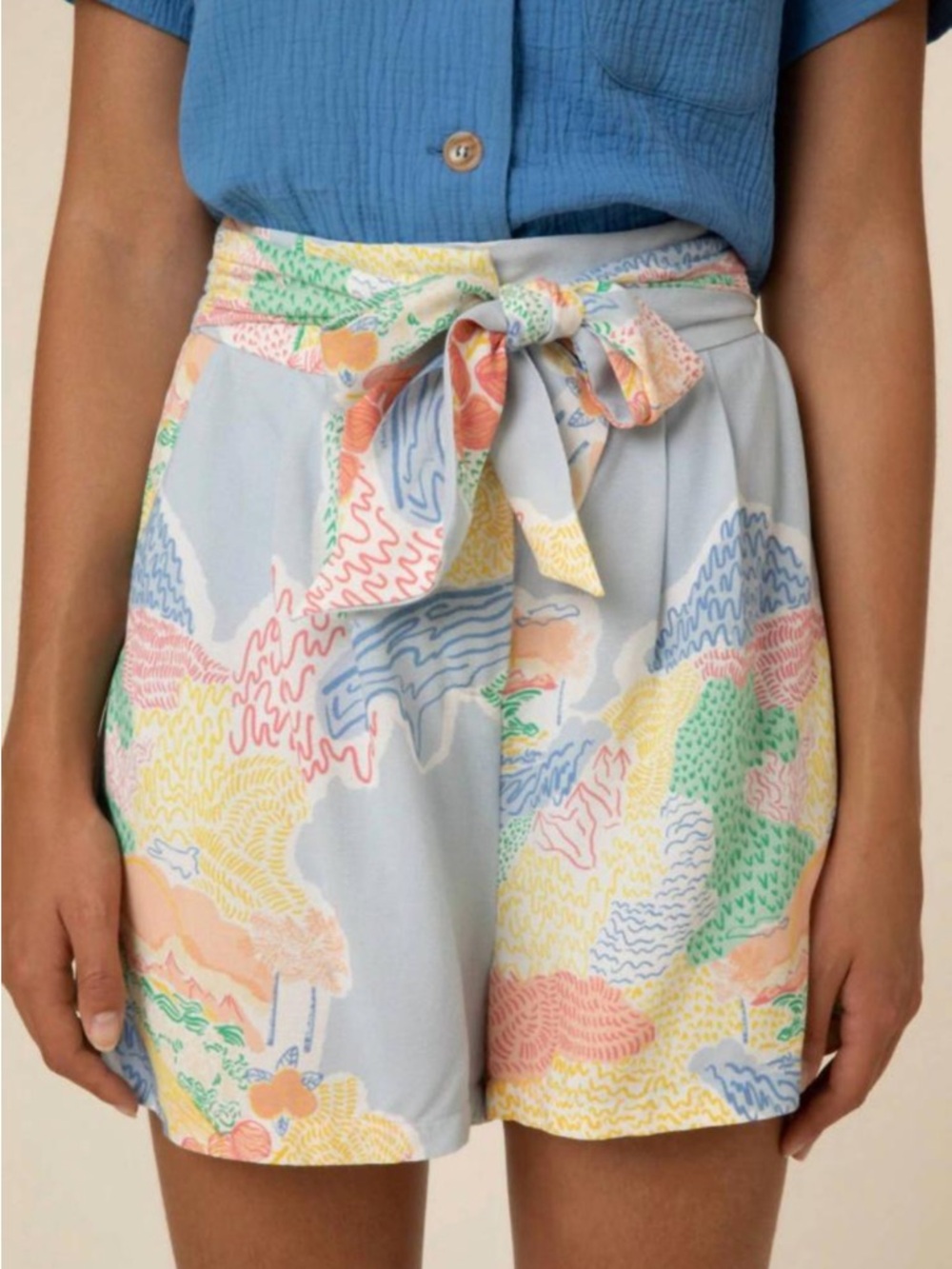 FRNCH Paris Pastel Abstract Print Tie Waist Shorts XS High Rise Viscose